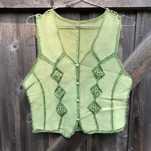 Handmade Green Leather Vest with Crocheted Details